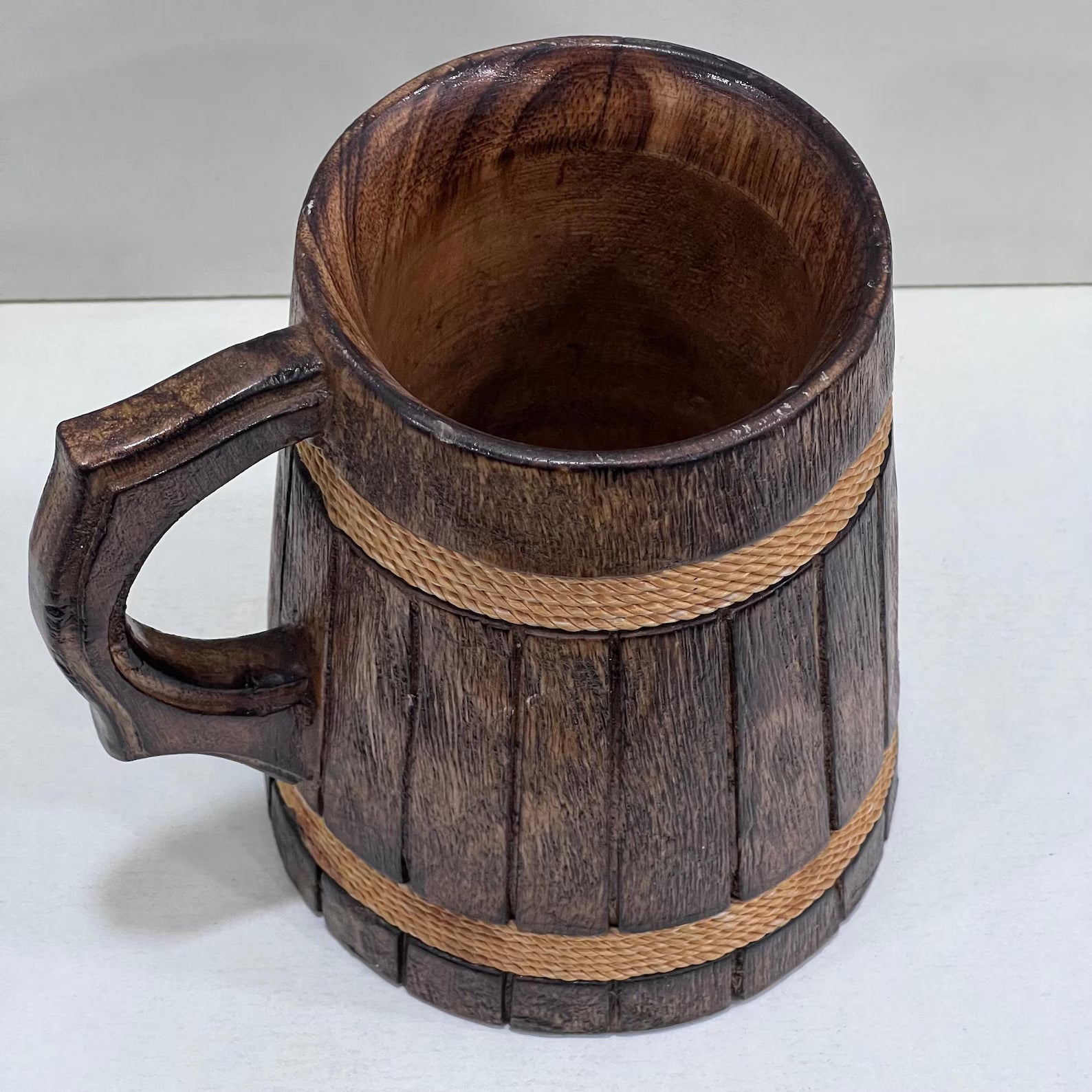 Handmade Wooden Drinking Stein - Vintage Engraved Tankard with Rope Handle