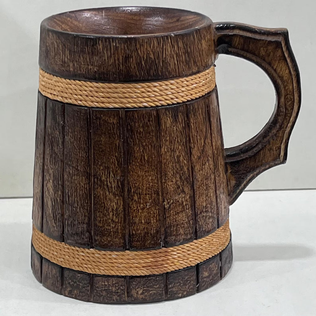 Handmade Wooden Drinking Stein - Vintage Engraved Tankard with Rope Handle