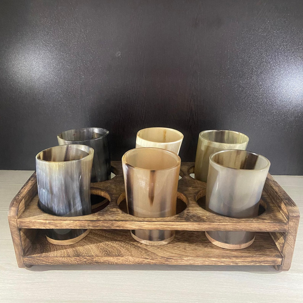 Viking Horn Drinking Glass Set - 6 Glasses with Wooden Holder | Medieval Drinkware