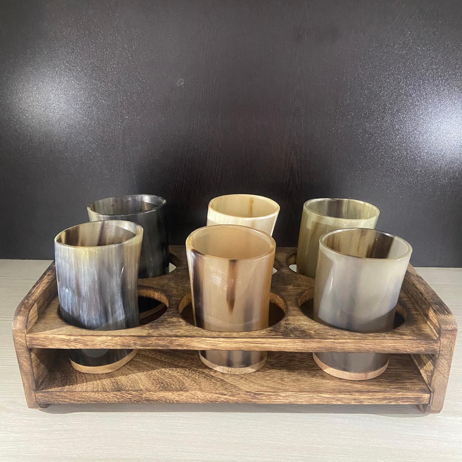 Viking Horn Drinking Glass Set - 6 Glasses with Wooden Holder | Medieval Drinkware