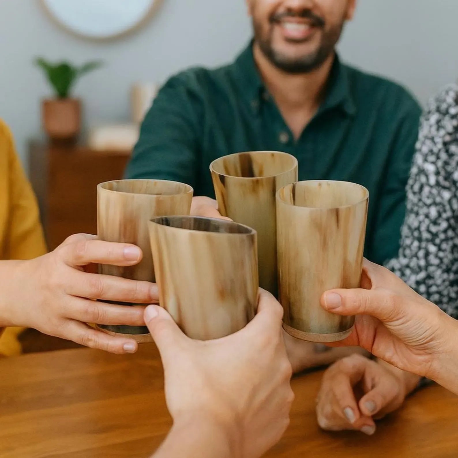 Viking Horn Drinking Glass Set - 6 Glasses with Wooden Holder | Medieval Drinkware