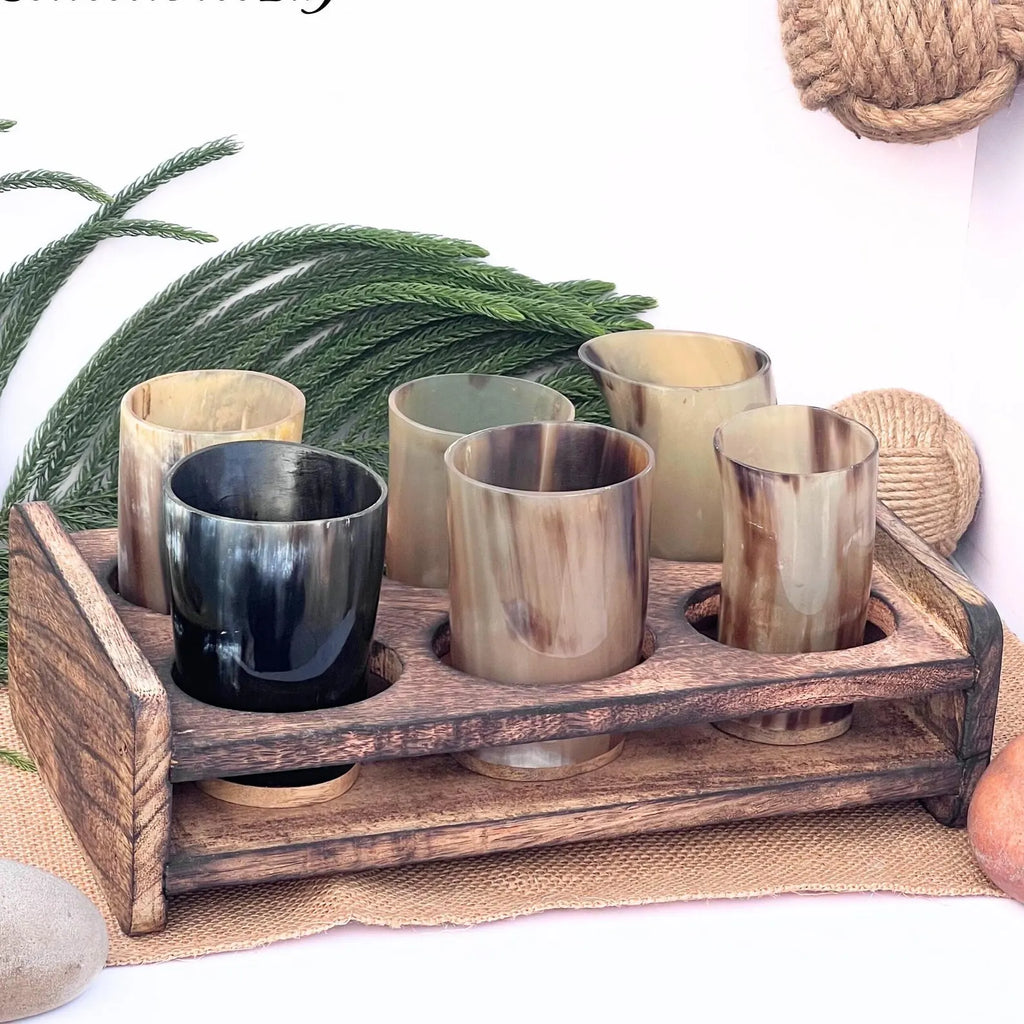 Viking Horn Drinking Glass Set - 6 Glasses with Wooden Holder | Medieval Drinkware