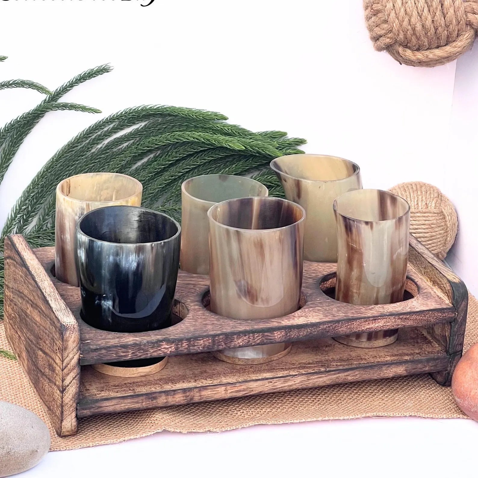 Viking Horn Drinking Glass Set - 6 Glasses with Wooden Holder | Medieval Drinkware