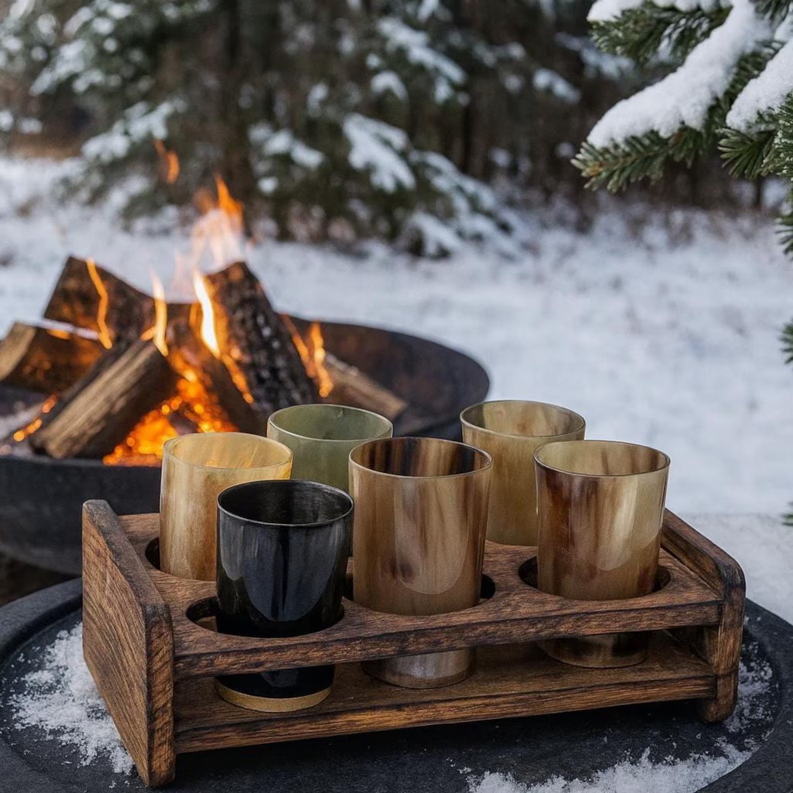 Viking Horn Drinking Glass Set - 6 Glasses with Wooden Holder | Medieval Drinkware