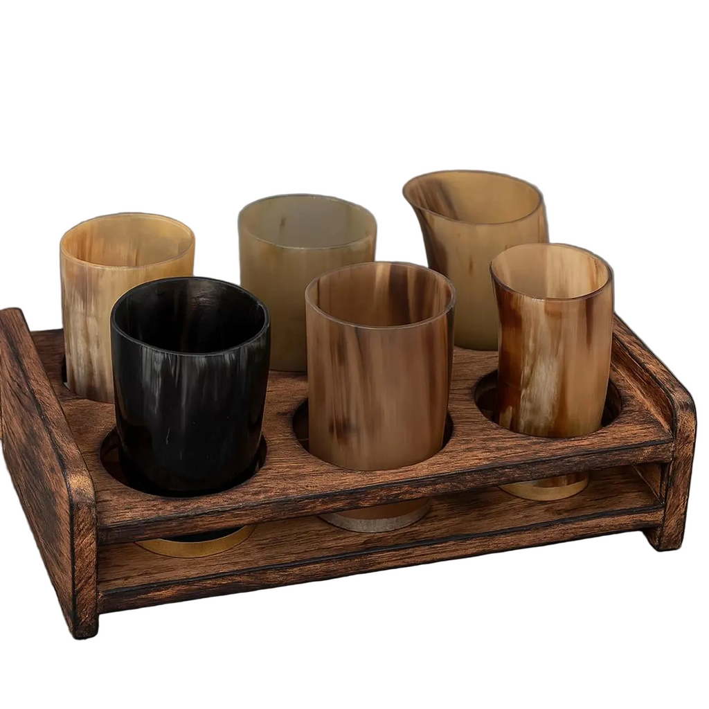 Viking Horn Drinking Glass Set - 6 Glasses with Wooden Holder | Medieval Drinkware