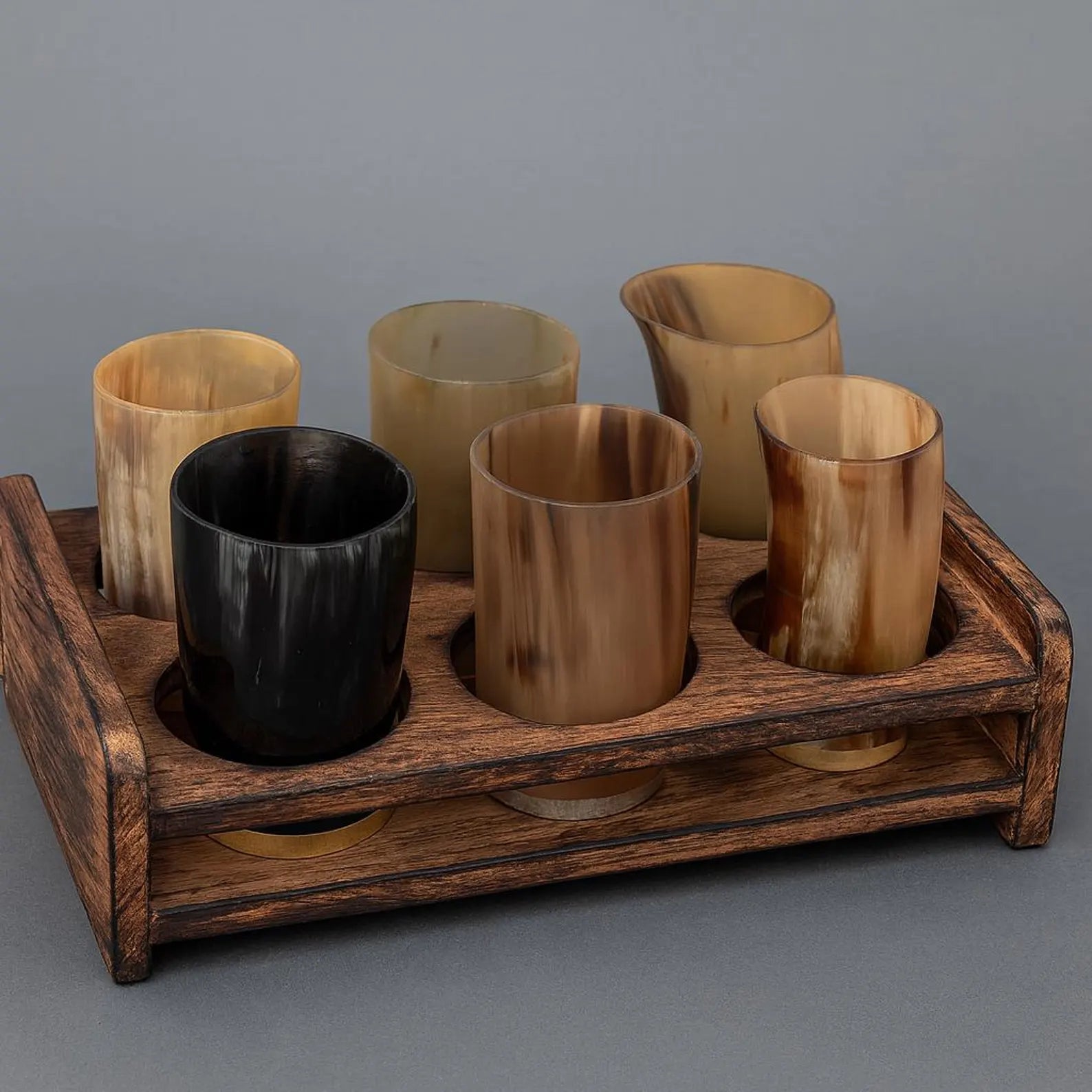 Viking Horn Drinking Glass Set - 6 Glasses with Wooden Holder | Medieval Drinkware