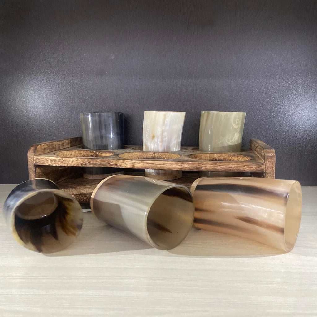 Viking Horn Drinking Glass Set - 6 Glasses with Wooden Holder | Medieval Drinkware