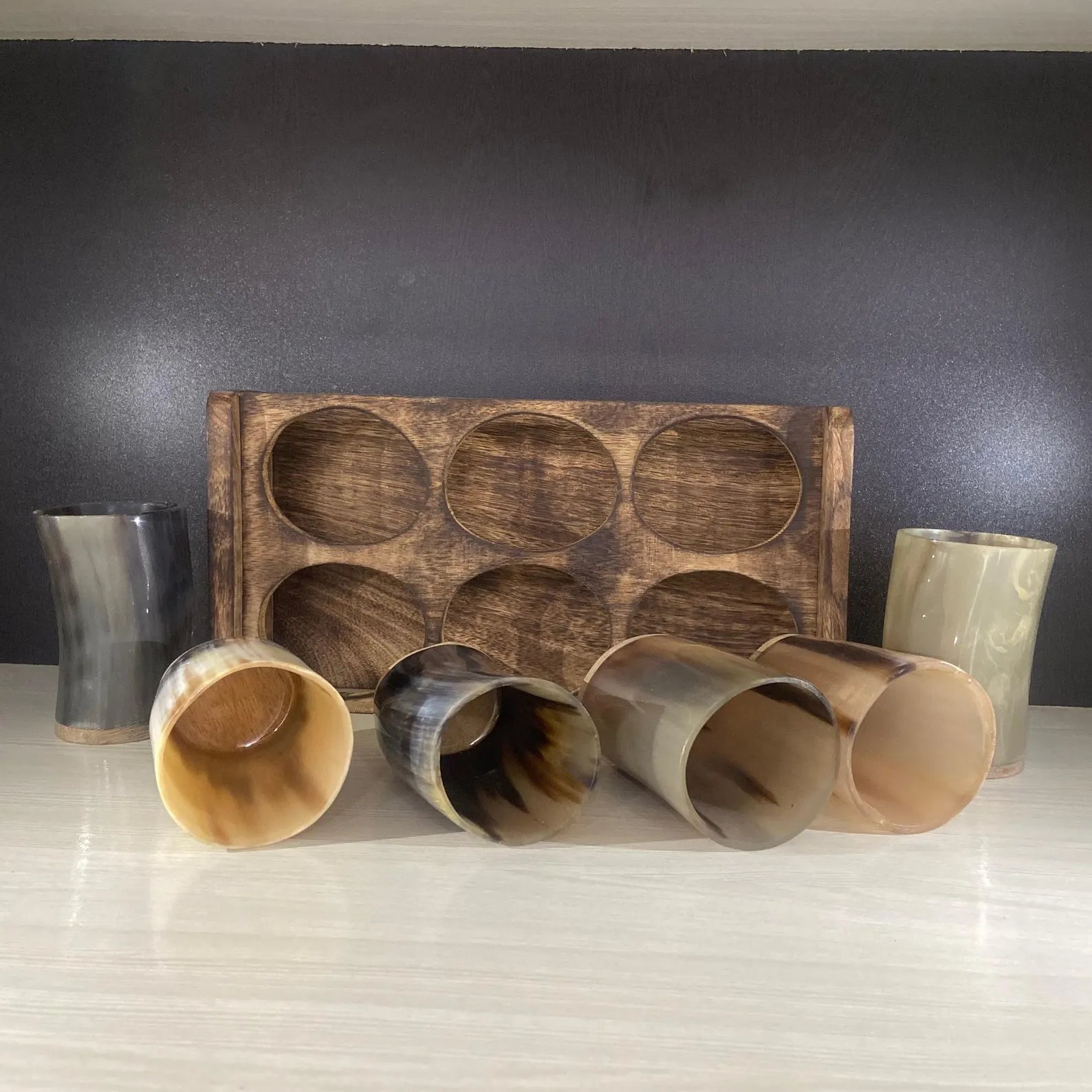 Viking Horn Drinking Glass Set - 6 Glasses with Wooden Holder | Medieval Drinkware