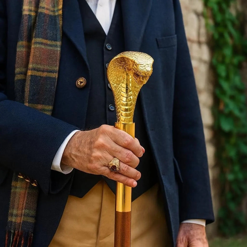 Golden Snake Walking Cane - Brass Handle Steampunk Gothic Collectible