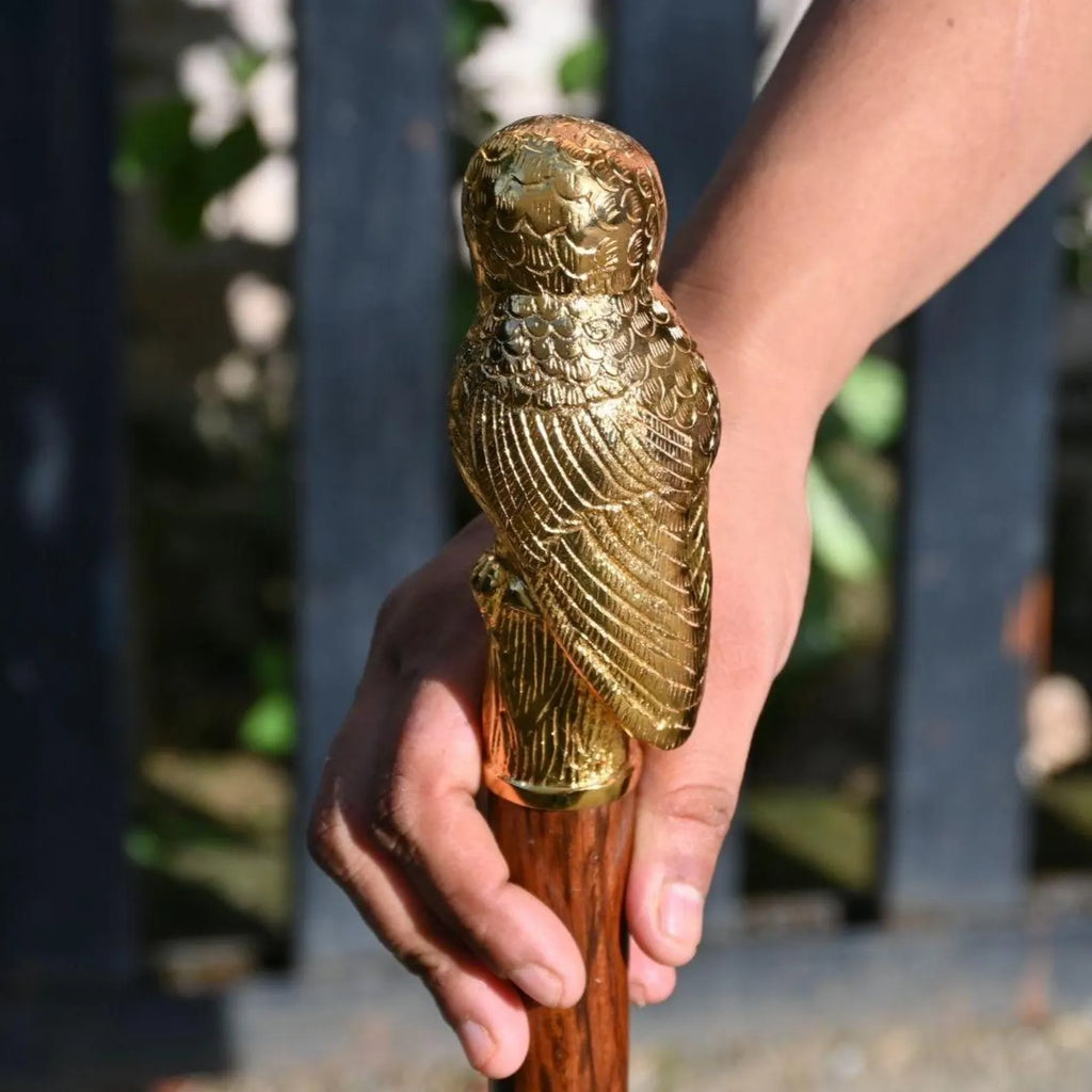 Brass Owl Walking Cane - Handcrafted Wooden Walking Stick Vintage Collectible