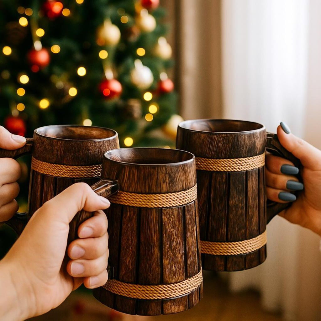 Handmade Wooden Drinking Stein - Vintage Engraved Tankard with Rope Handle