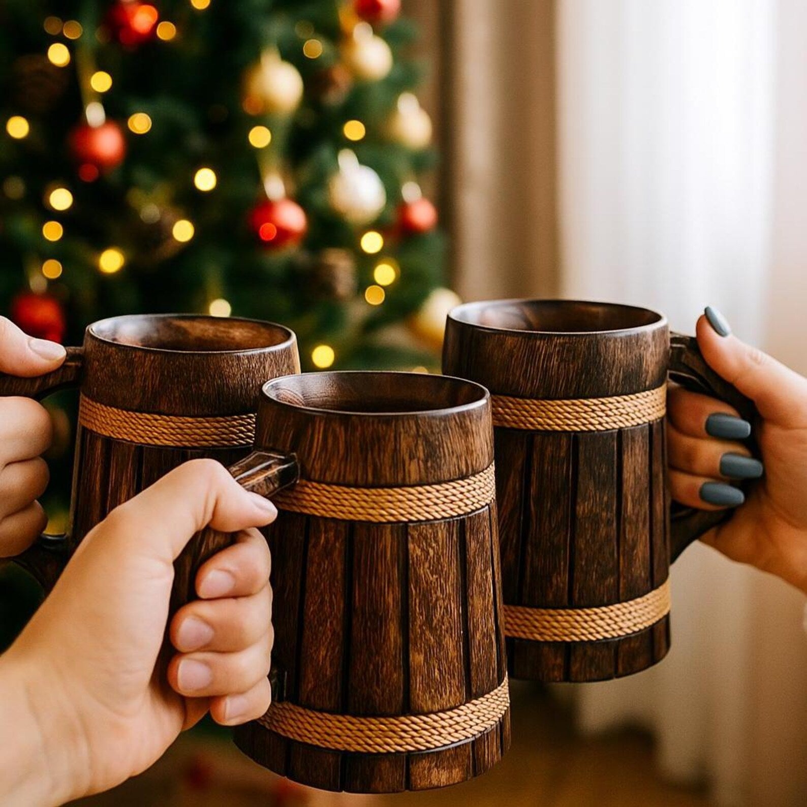 Handmade Wooden Drinking Stein - Vintage Engraved Tankard with Rope Handle