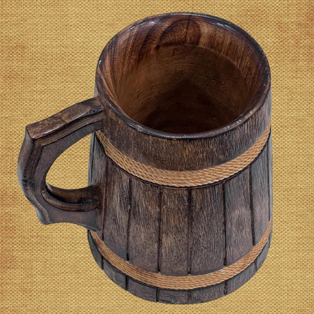 Handmade Wooden Drinking Stein - Vintage Engraved Tankard with Rope Handle