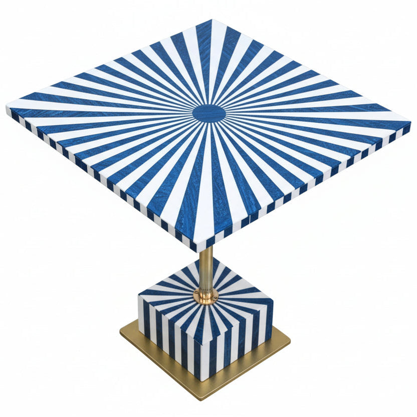 Handcrafted Blue & White Resin Inlay End Table - Sunburst Pattern