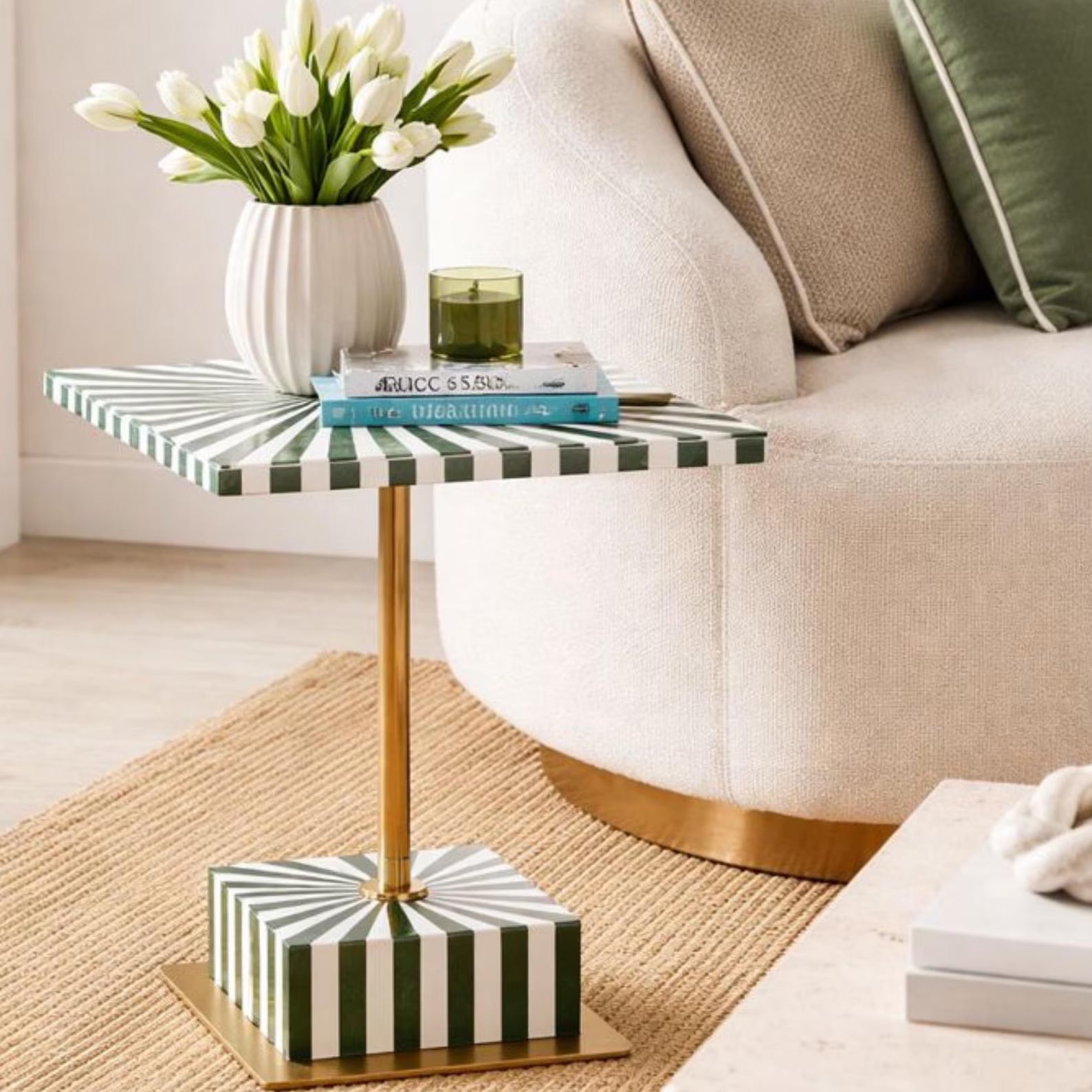 Handmade Green & White Resin Inlay Square Side Table | Sunburst Geometric Pattern | Moroccan Boho Bedside Accent