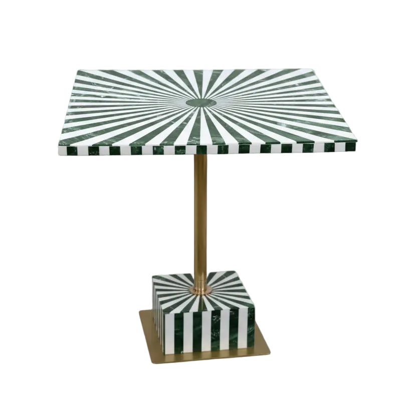Handmade Green & White Resin Inlay Square Side Table | Sunburst Geometric Pattern | Moroccan Boho Bedside Accent