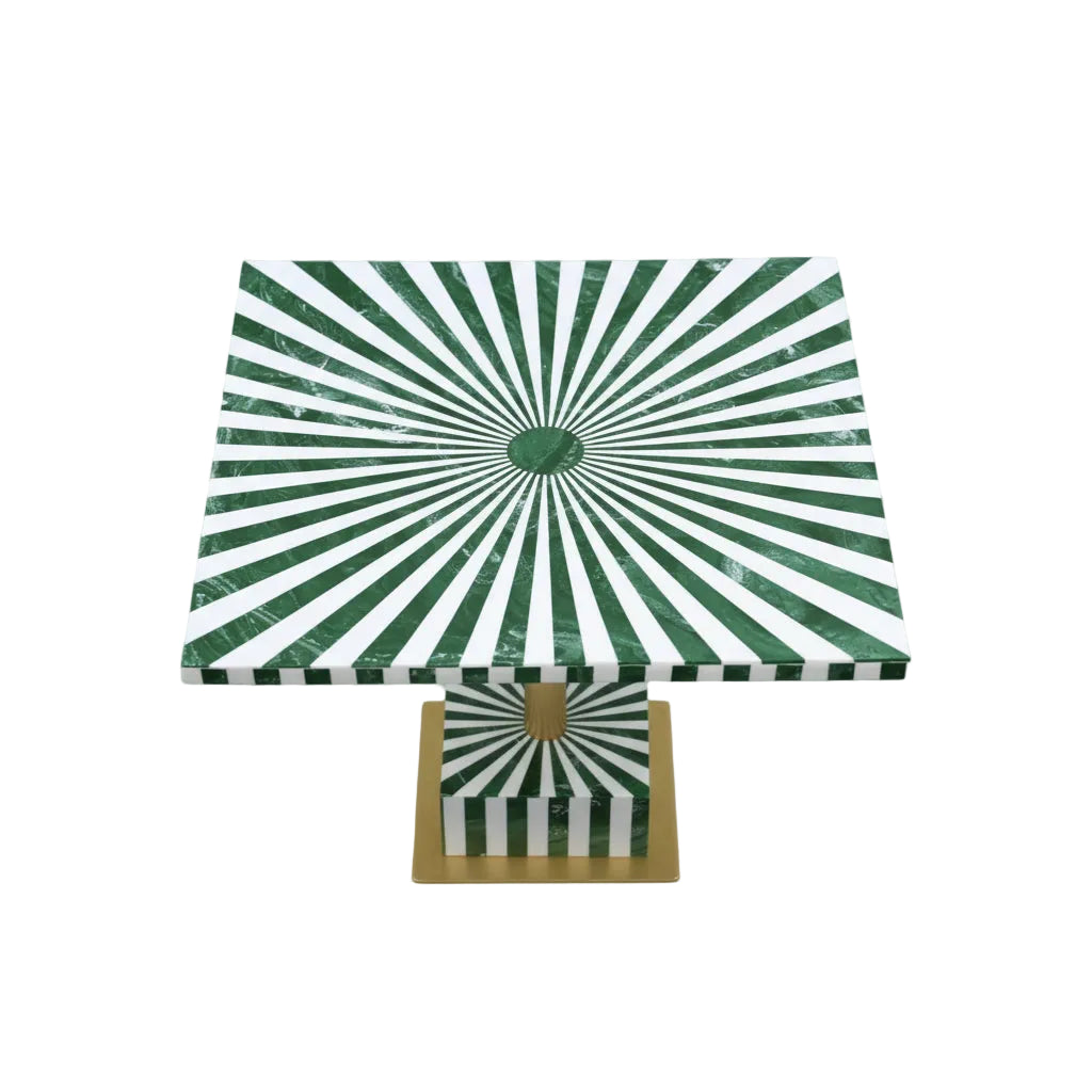 Handmade Green & White Resin Inlay Square Side Table | Sunburst Geometric Pattern | Moroccan Boho Bedside Accent