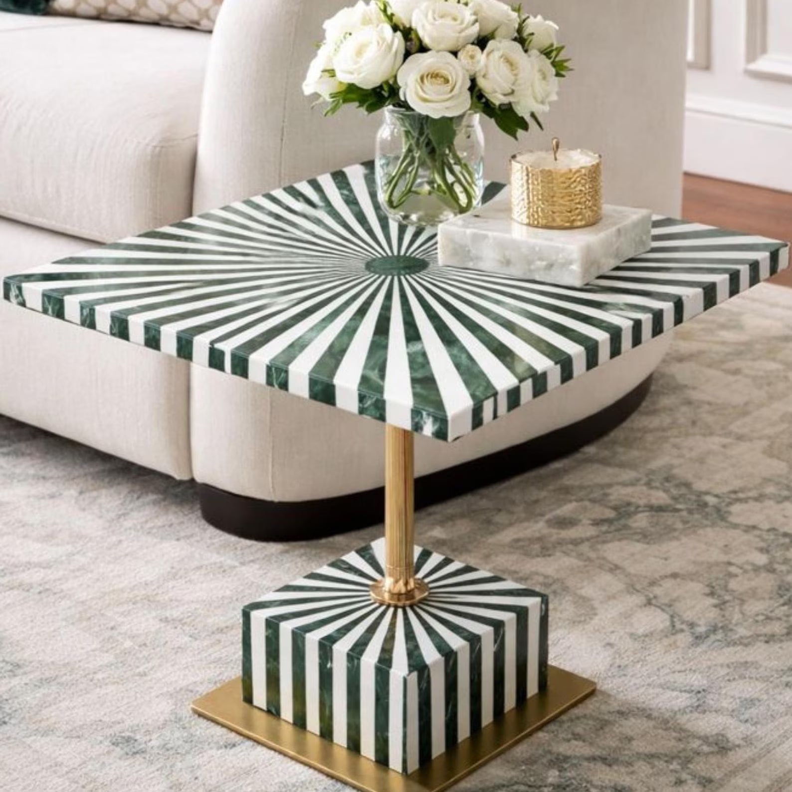 Handmade Green & White Resin Inlay Square Side Table | Sunburst Geometric Pattern | Moroccan Boho Bedside Accent