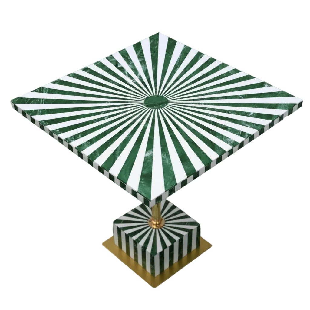Handmade Green & White Resin Inlay Square Side Table | Sunburst Geometric Pattern | Moroccan Boho Bedside Accent