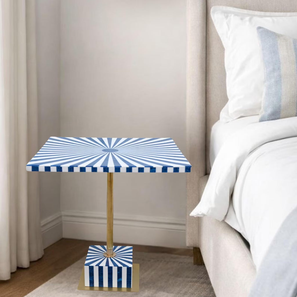 Handcrafted Blue & White Resin Inlay End Table - Sunburst Pattern