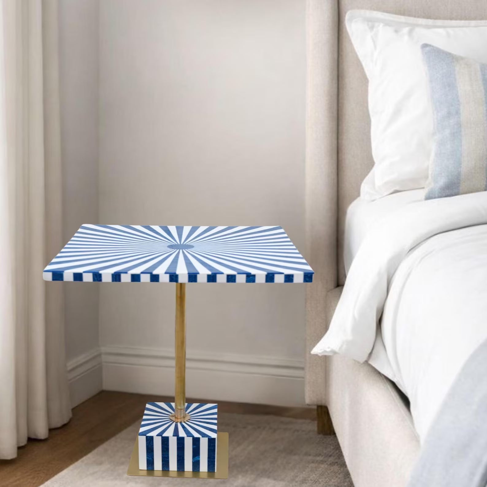 Handcrafted Blue & White Resin Inlay End Table - Sunburst Pattern