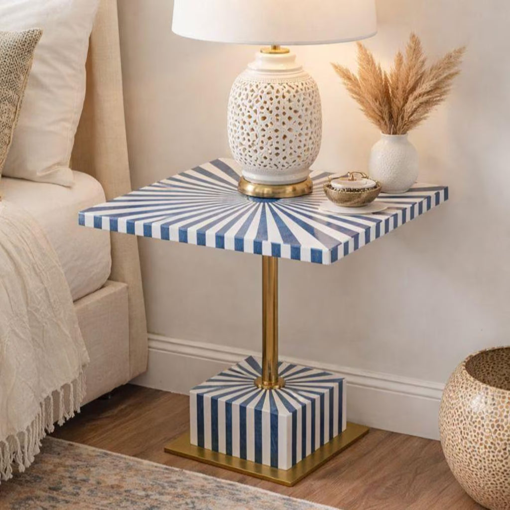 Handcrafted Blue & White Resin Inlay End Table - Sunburst Pattern