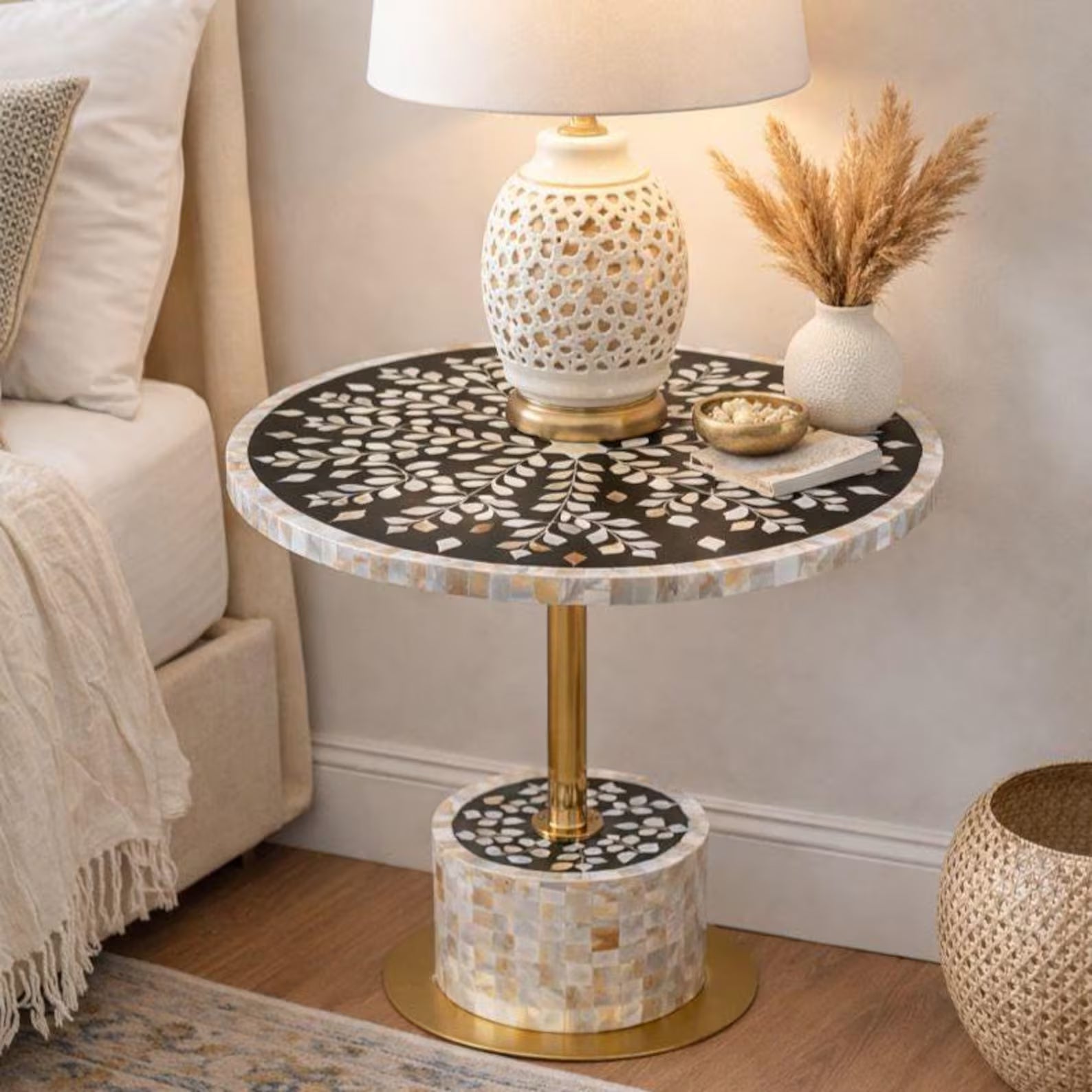 Handmade Black Mother of Pearl Side Table - Brass Stem & Floral Inlay