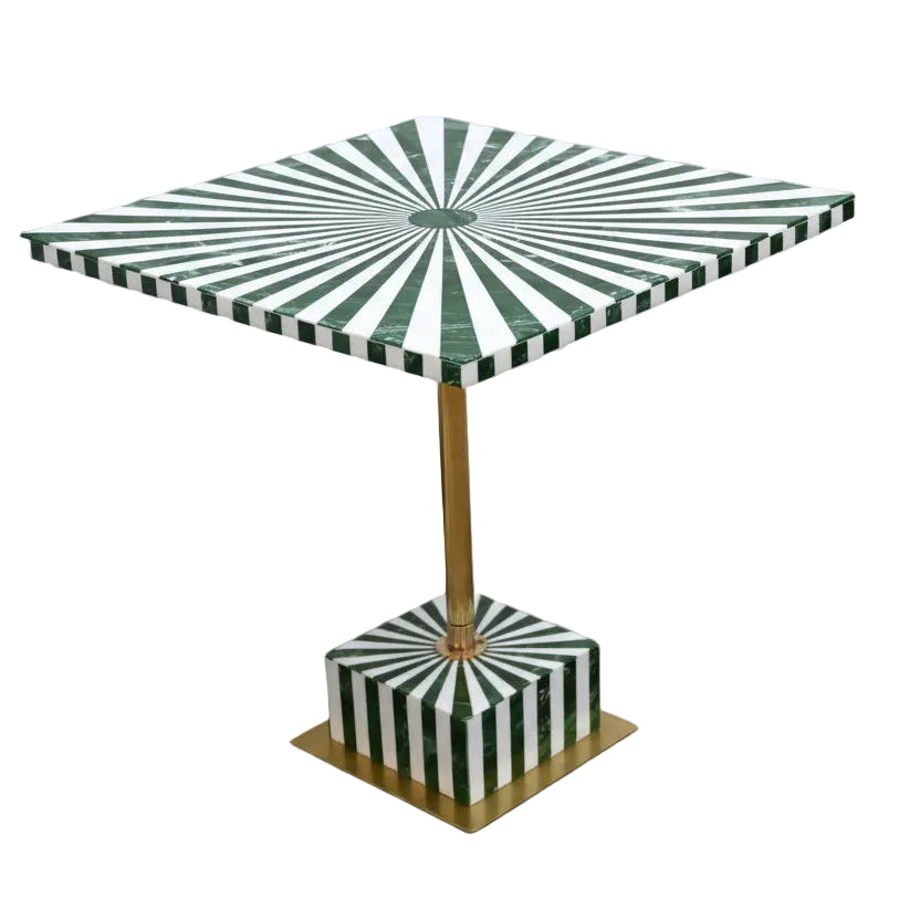 Handmade Green & White Resin Inlay Square Side Table | Sunburst Geometric Pattern | Moroccan Boho Bedside Accent