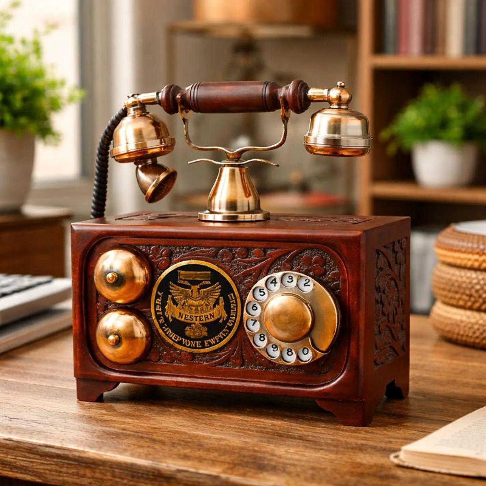Western Vintage Wooden Rotary Dial Telephone - Brass Accents Decorative Showpiece