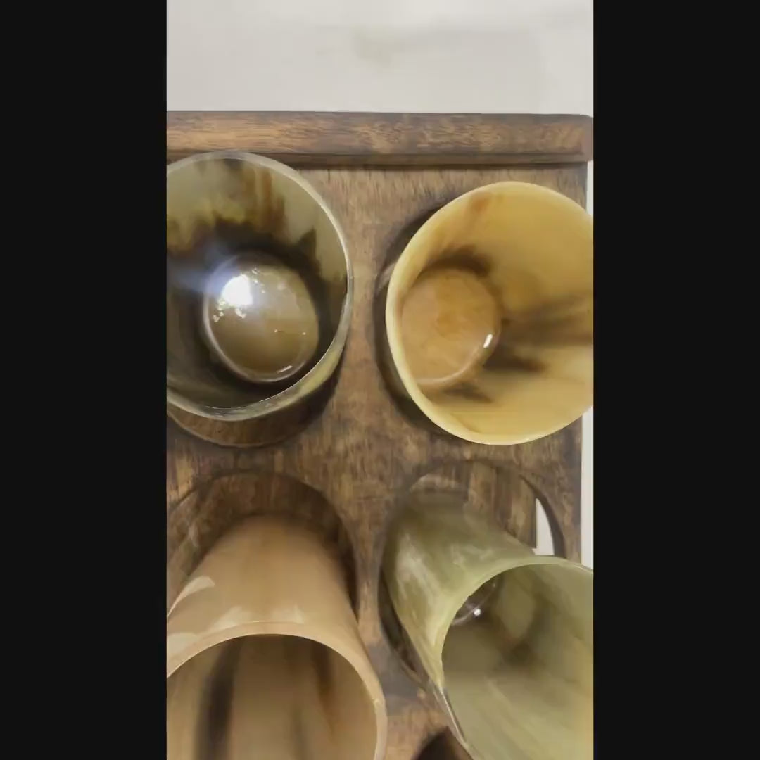 Viking Horn Drinking Glass Set - 6 Glasses with Wooden Holder | Medieval Drinkware