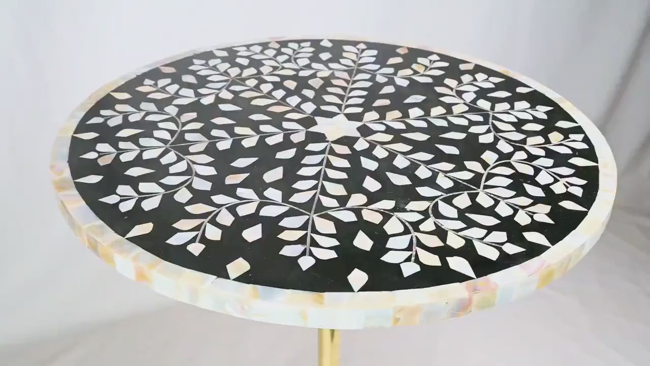 Handmade Black Mother of Pearl Side Table - Brass Stem & Floral Inlay