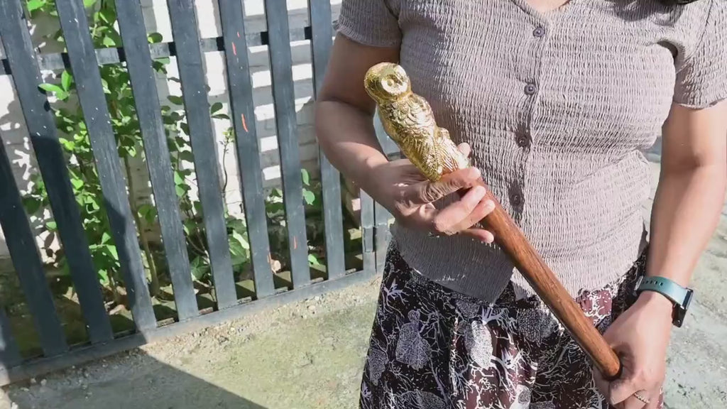 Brass Owl Walking Cane - Handcrafted Wooden Walking Stick Vintage Collectible