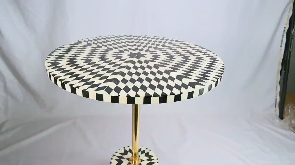 Black & White Resin Inlay Round Side Table - Handmade Geometric Brass Accent