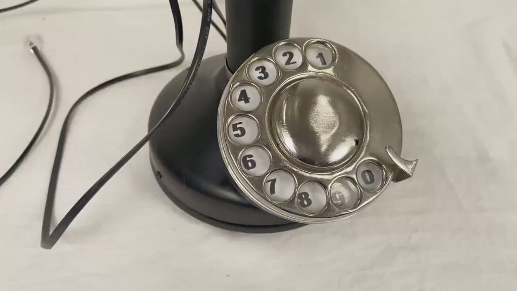 Nickel Finish Black Candlestick Rotary Dial Telephone - Victorian Desk Decor