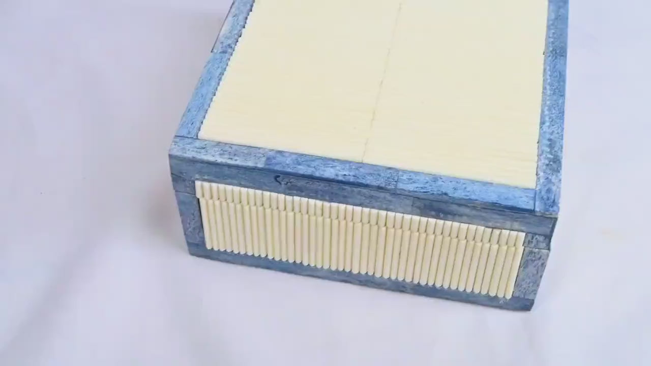 Blue & White Bone Inlay Jewelry Box - Handcrafted Bamboo Pattern Keepsake