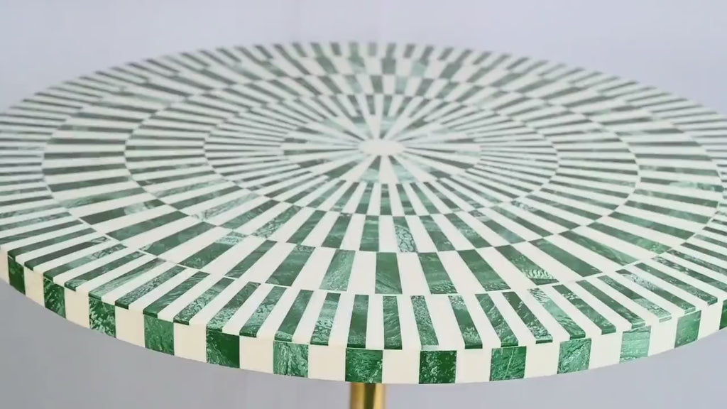 Green & White Resin Inlay Round Side Table - Handmade Striped Brass Accent