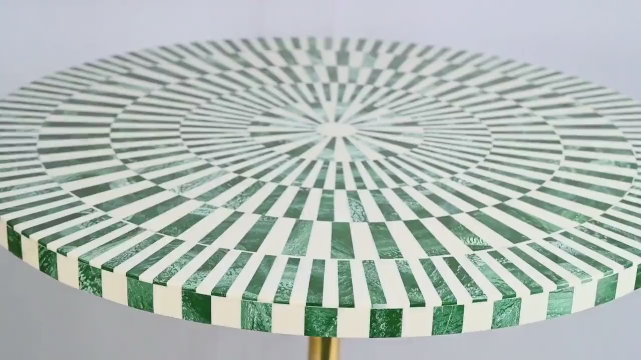 Green & White Resin Inlay Round Side Table - Handmade Striped Brass Accent