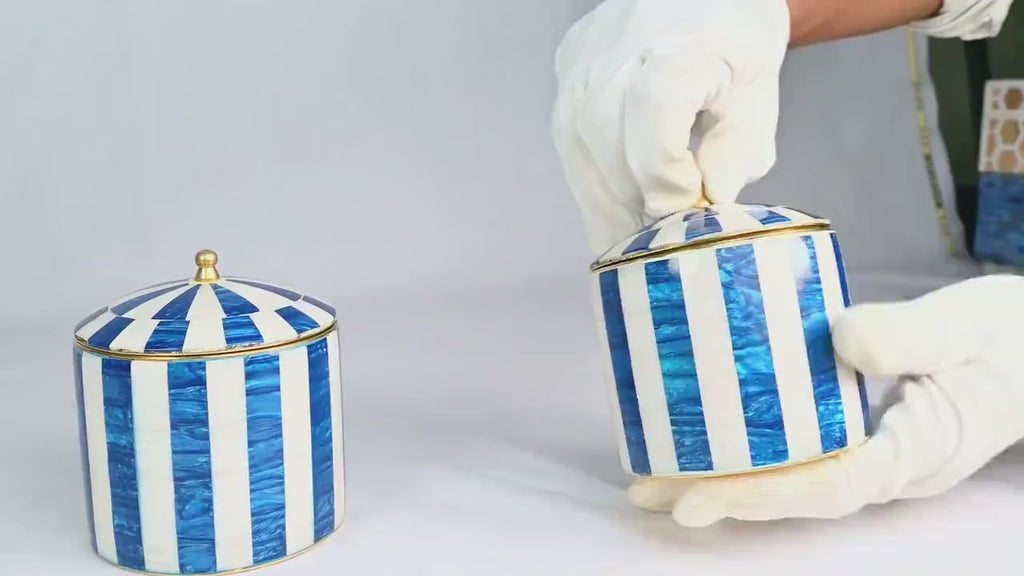 Blue & White Mother of Pearl Storage Jar - Handmade Brass Decorative Canister