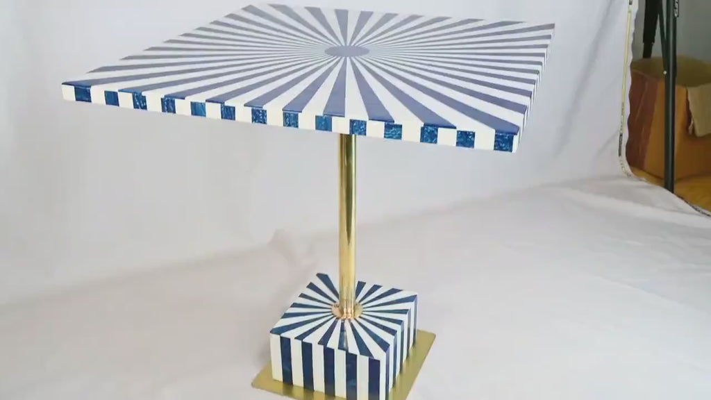 Handcrafted Blue & White Resin Inlay End Table - Sunburst Pattern