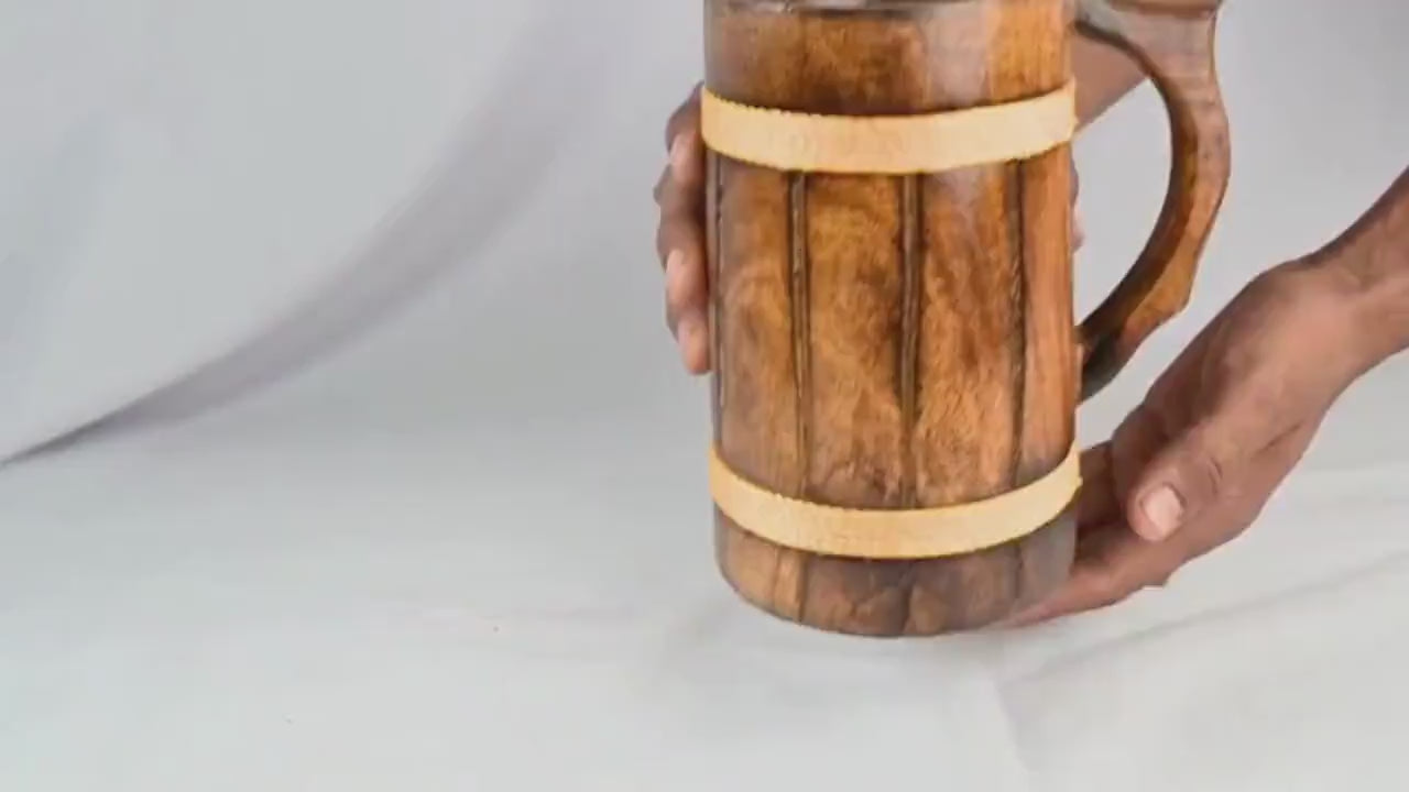 Handmade Wooden Drinking Stein - Vintage Engraved Tankard with Rope Handle