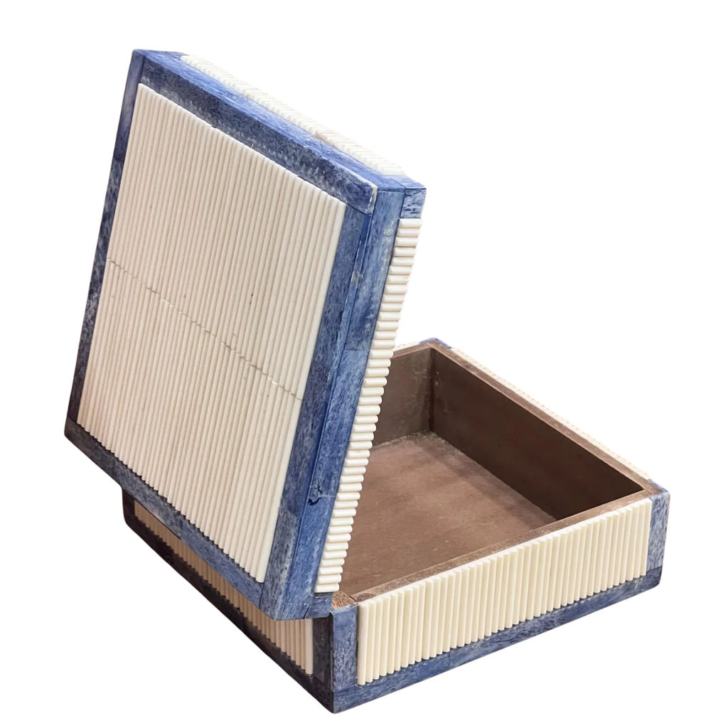 Blue & White Bone Inlay Jewelry Box - Handcrafted Bamboo Pattern Keepsake