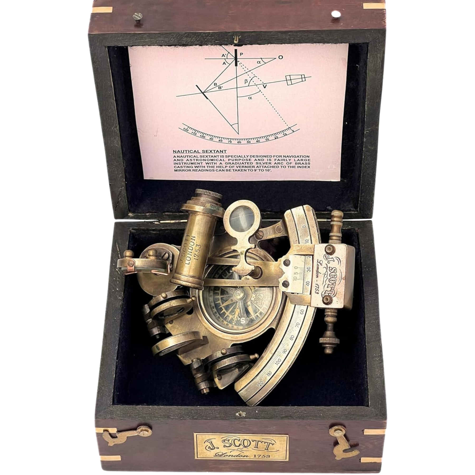 J Scott Navy Brass Sextant 5 Inch - Handmade Wooden Box Navigation Instrument