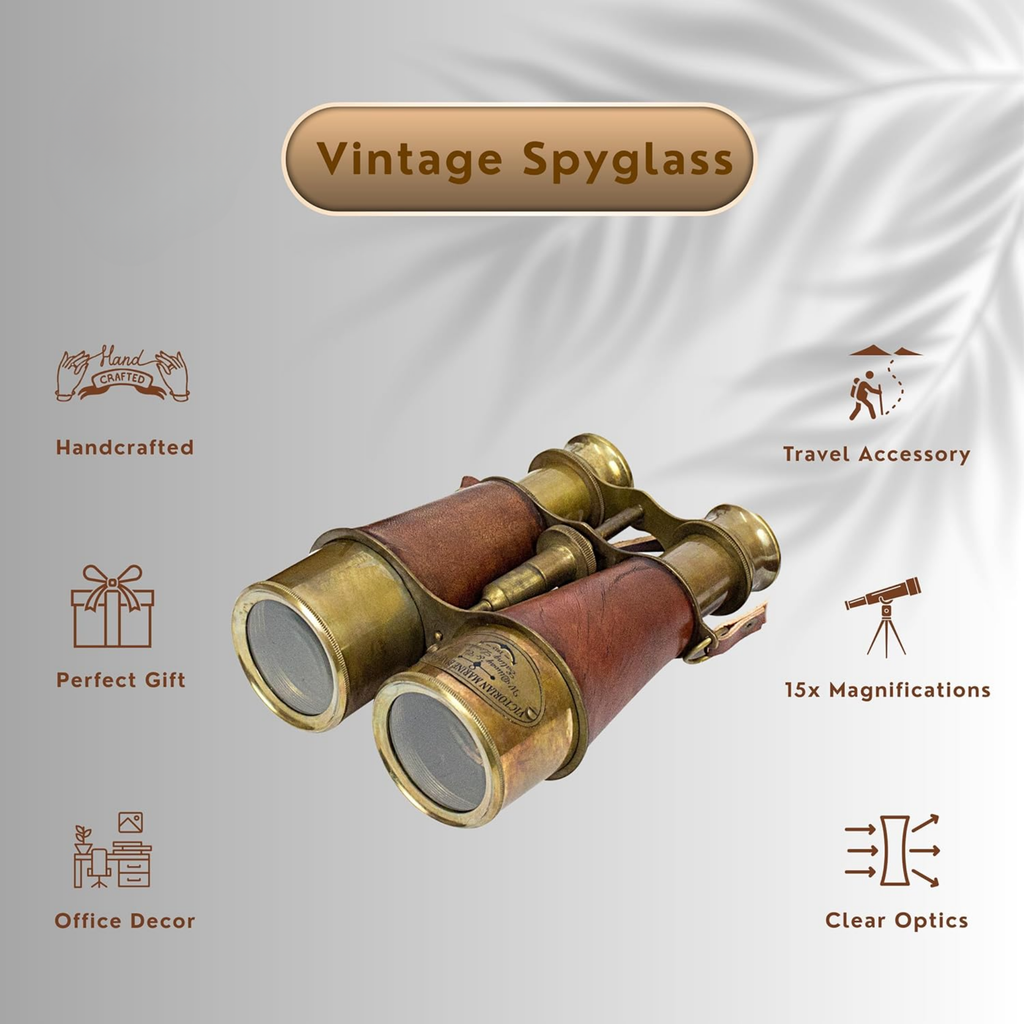 Victorian Marine Brass Binocular - 15x Magnification Leather Case London 1915