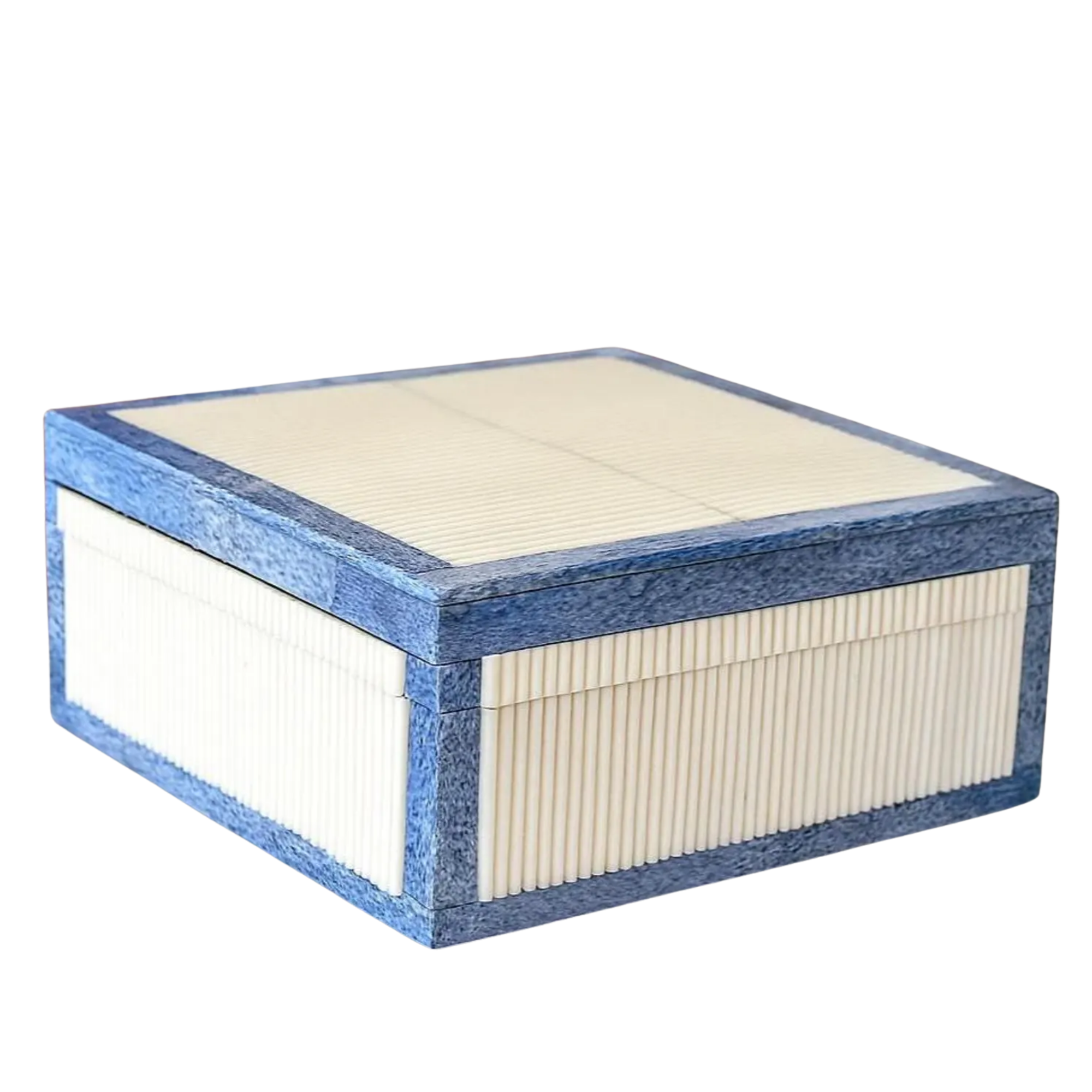 Blue & White Bone Inlay Jewelry Box - Handcrafted Bamboo Pattern Keepsake