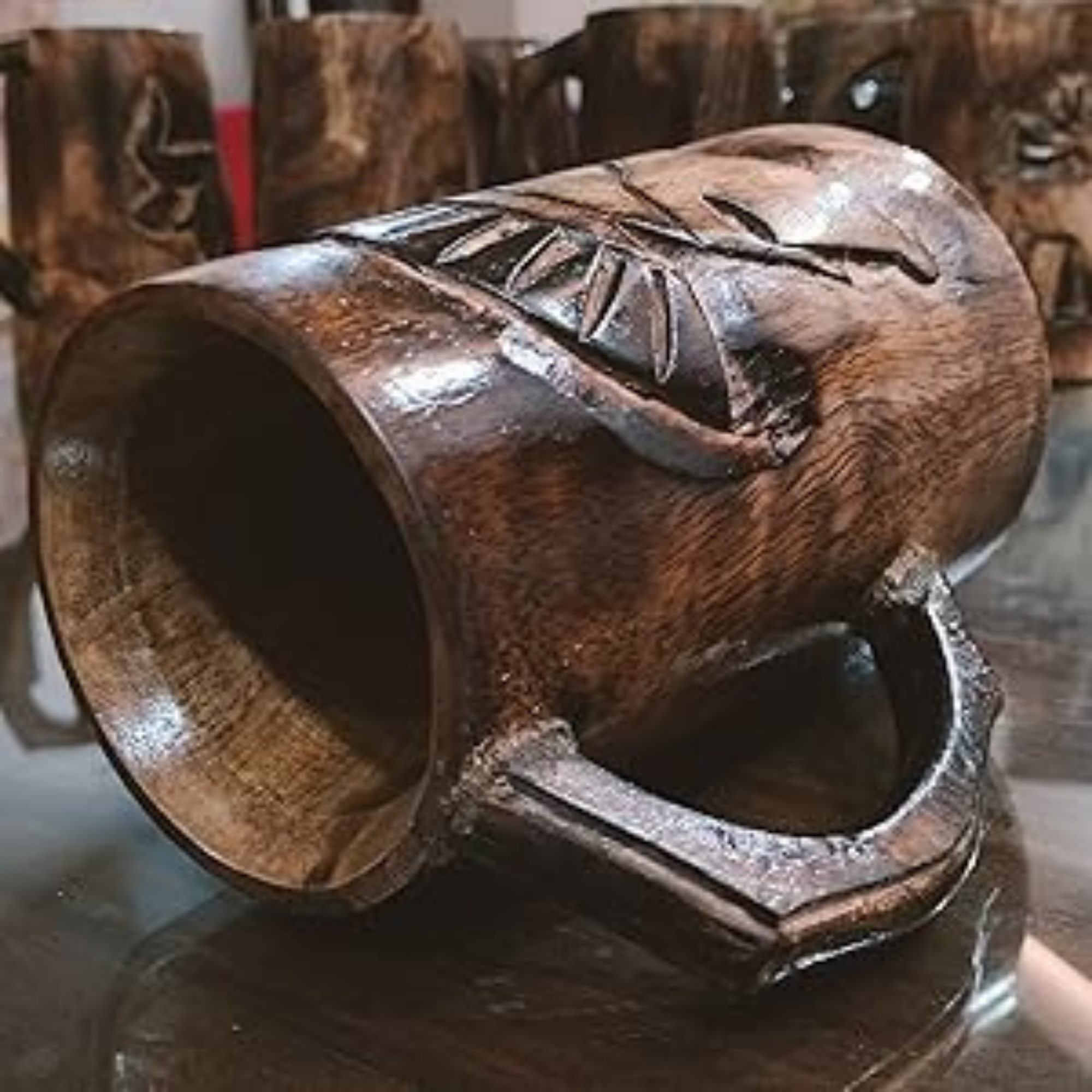 Wooden Mug with Spartan Warrior Helmet - Rustic Mango Wood Viking Tankard 470ml