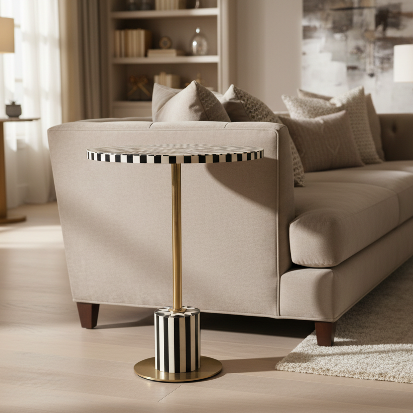 Black & White Resin Inlay Round Side Table - Handmade Geometric Brass Accent