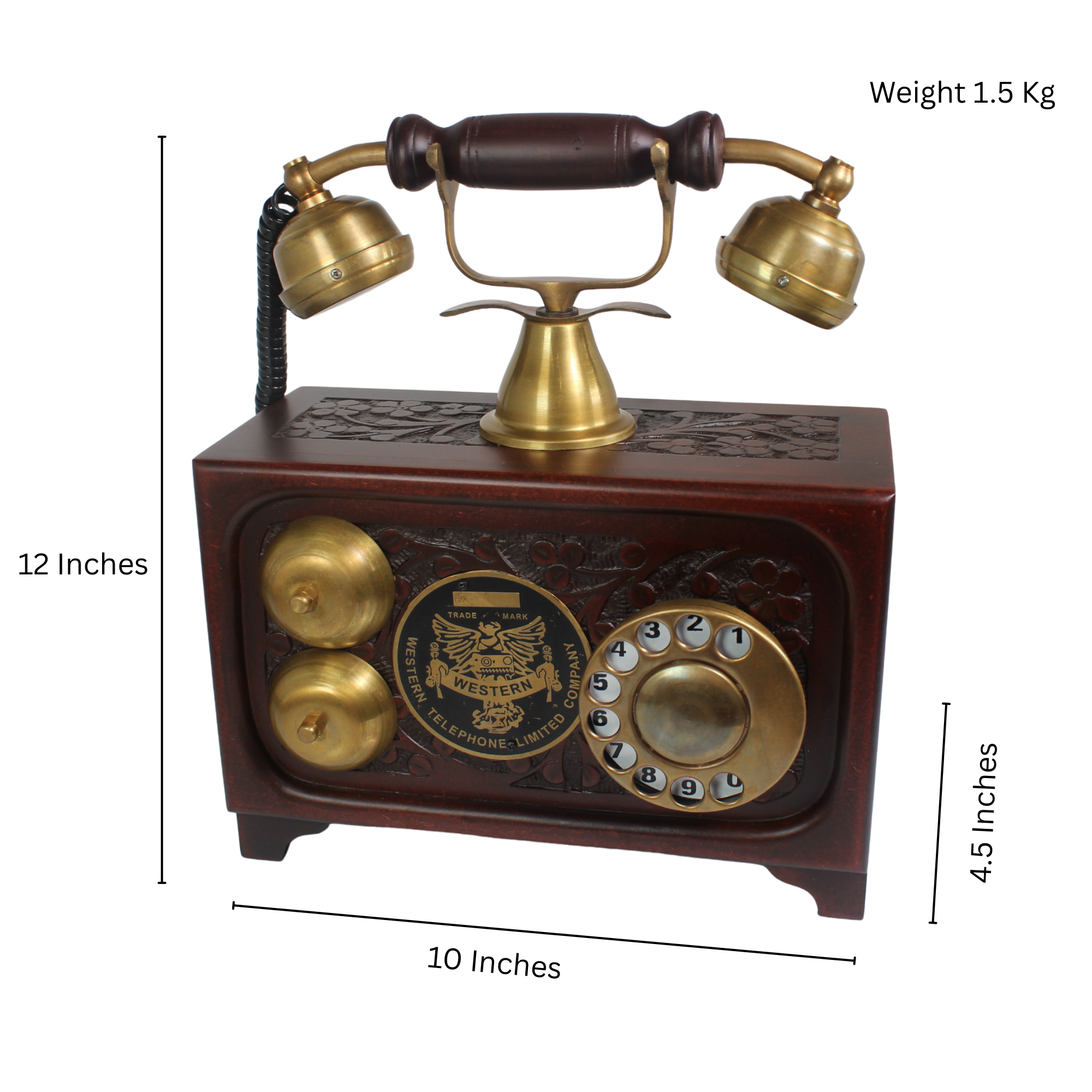 Western Vintage Wooden Rotary Dial Telephone - Brass Accents Decorative Showpiece
